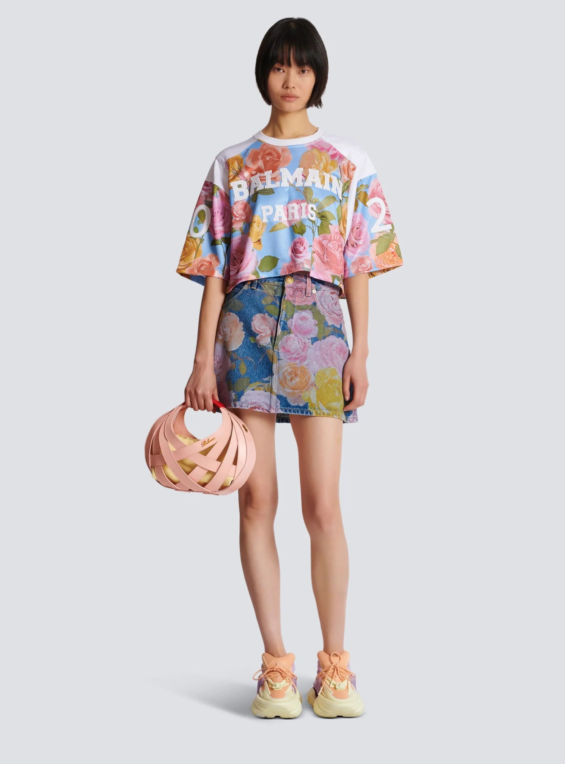 Baseball T-shirt With Pastel Roses Print-Balmain Cheap