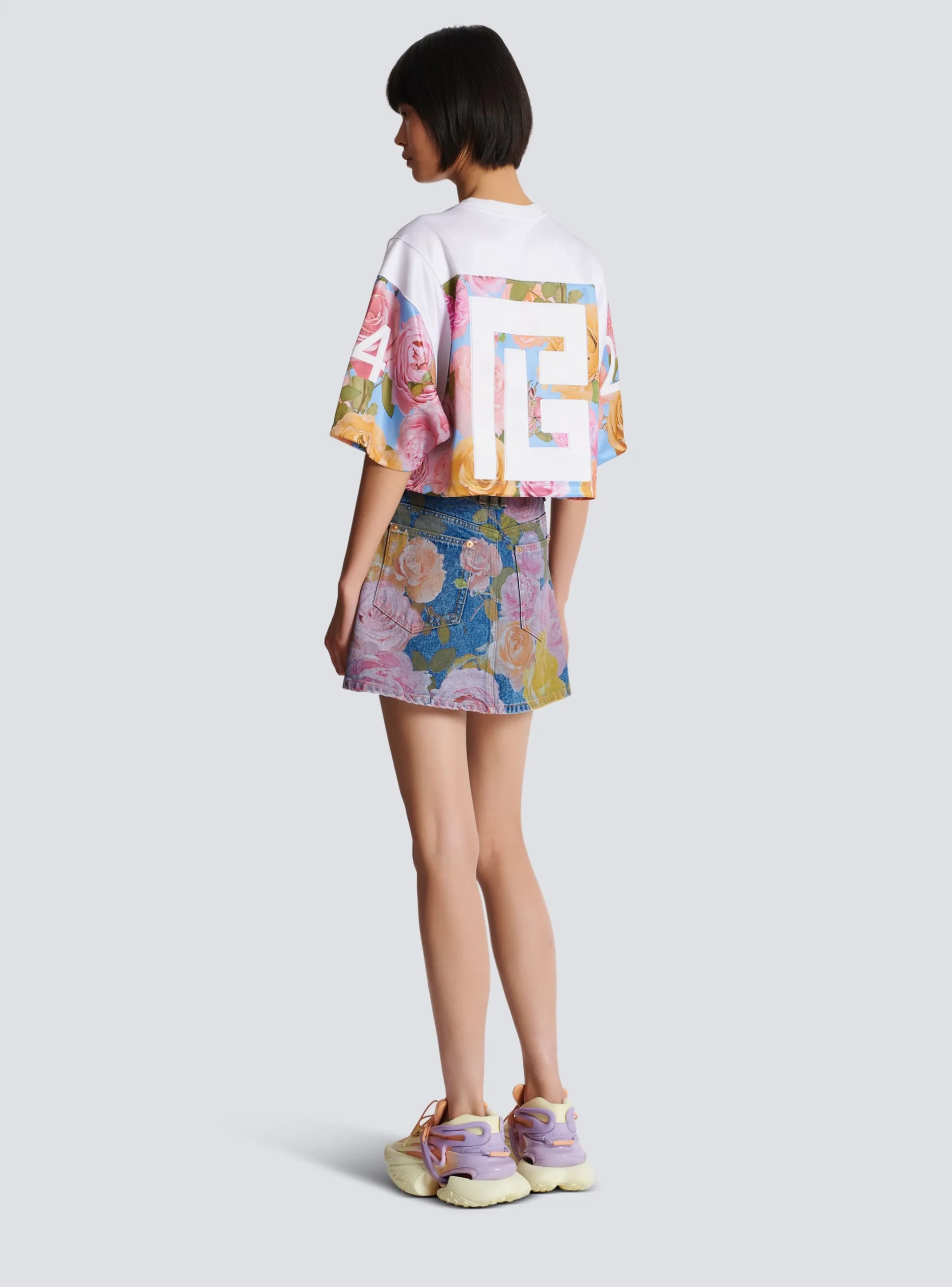 Baseball T-shirt With Pastel Roses Print-Balmain Cheap