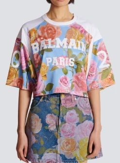 Baseball T-shirt With Pastel Roses Print-Balmain Cheap