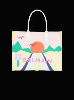 B-Army Shopper Medium Tote Bag In Canvas And Postcard Patchwork Leather-Balmain Cheap