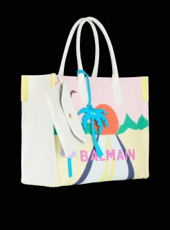 B-Army Shopper Medium Tote Bag In Canvas And Postcard Patchwork Leather-Balmain Cheap