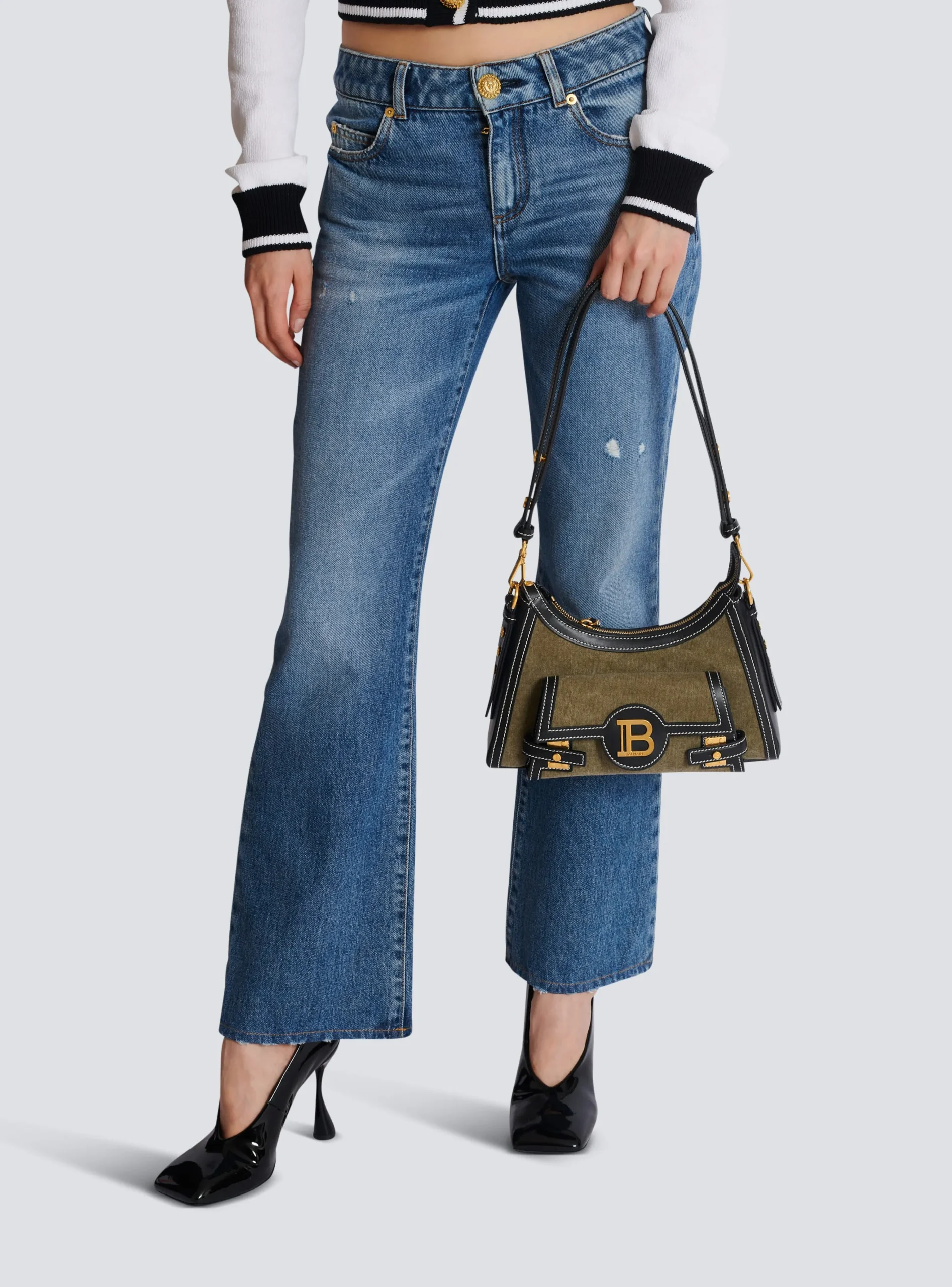 B-Buzz Hobo Bag In Leather And Canvas-Balmain Online