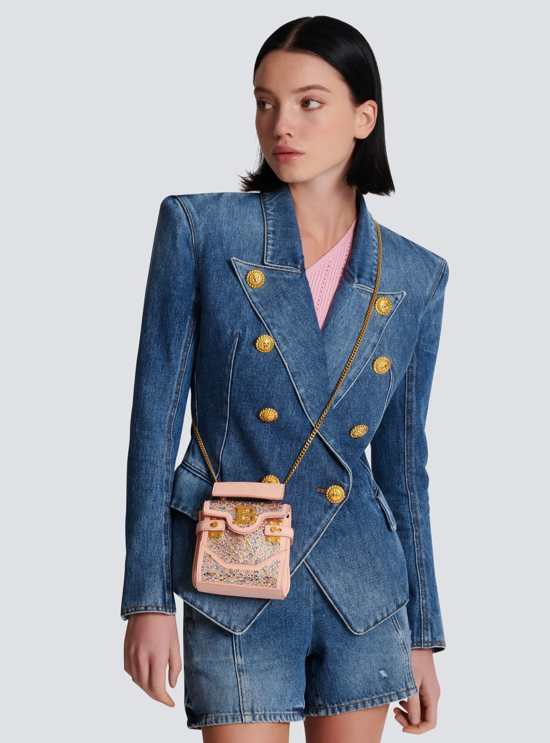 B-Buzz Mini 12 Bag In Suede And Rhinestones-Balmain Best