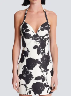 Black And Roses Leather Halterneck Dress-Balmain Fashion