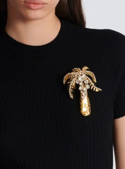 Brass And Crystal Palm Tree Brooch-Balmain Outlet