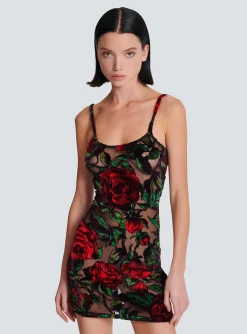 Burnout Velvet Dress With Rose Print-Balmain Store