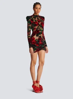 Burnout Velvet Dress With Rose Print-Balmain Cheap