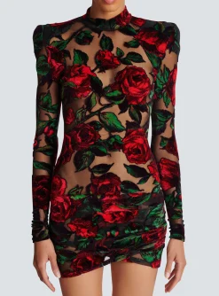 Burnout Velvet Dress With Rose Print-Balmain Cheap