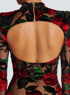 Burnout Velvet Dress With Rose Print-Balmain Cheap