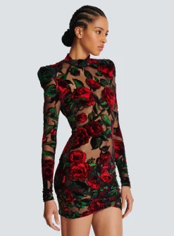 Burnout Velvet Dress With Rose Print-Balmain Cheap