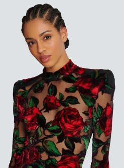 Burnout Velvet Dress With Rose Print-Balmain Cheap
