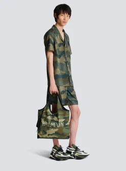 Camouflage Canvas B-Army Grocery Bag With Vintage Logo-Balmain Cheap