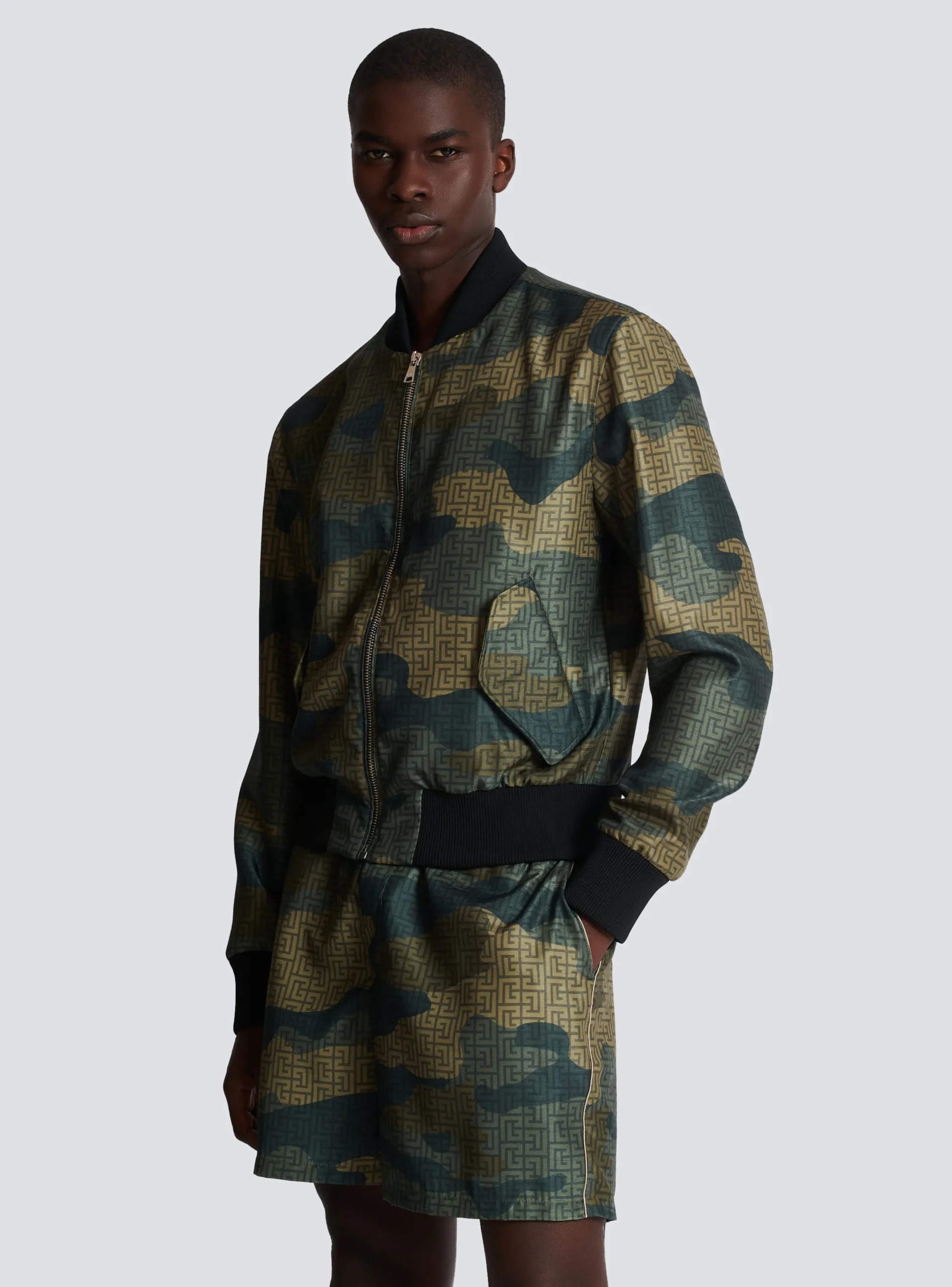 Camouflage Monogrammed Shantung Bomber Jacket-Balmain Outlet