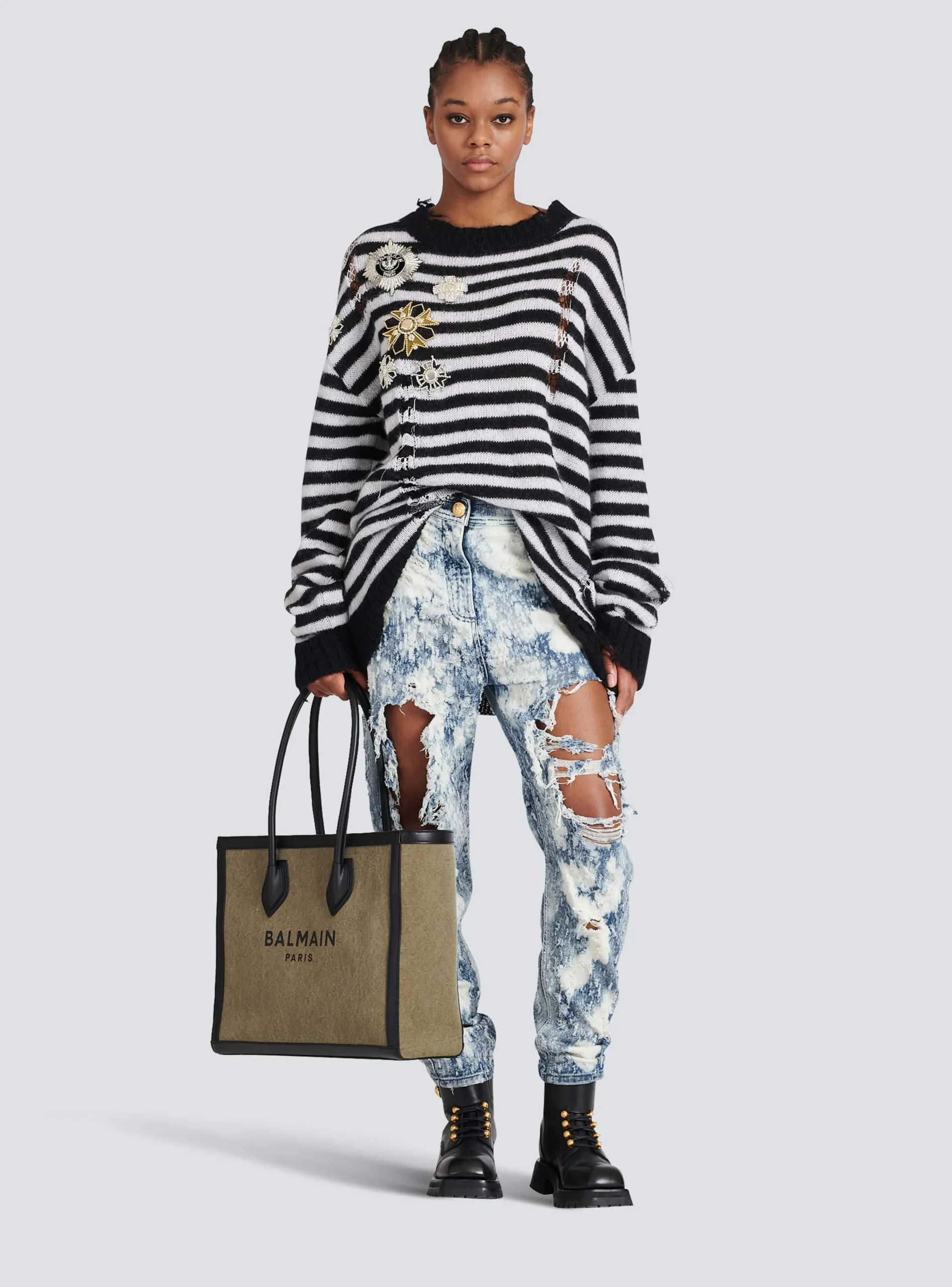 Canvas B-Army 42 Tote With Leather Panels-Balmain New