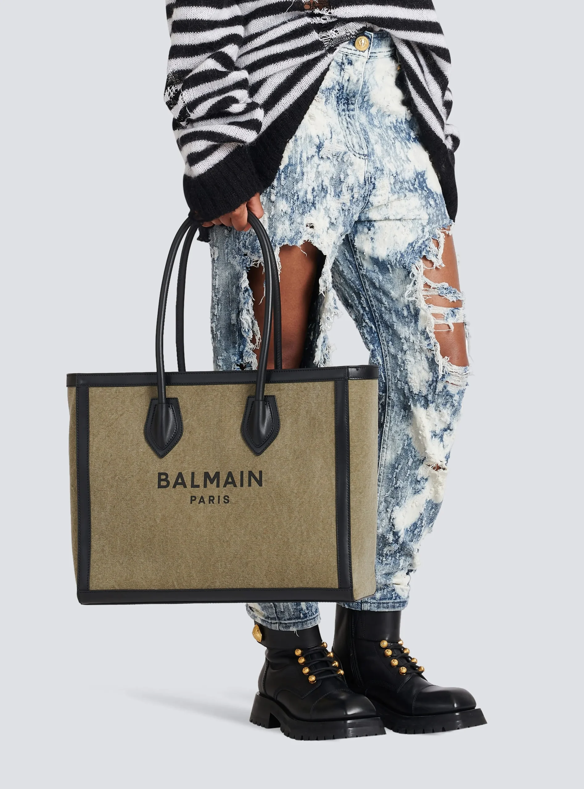 Canvas B-Army 42 Tote With Leather Panels-Balmain New