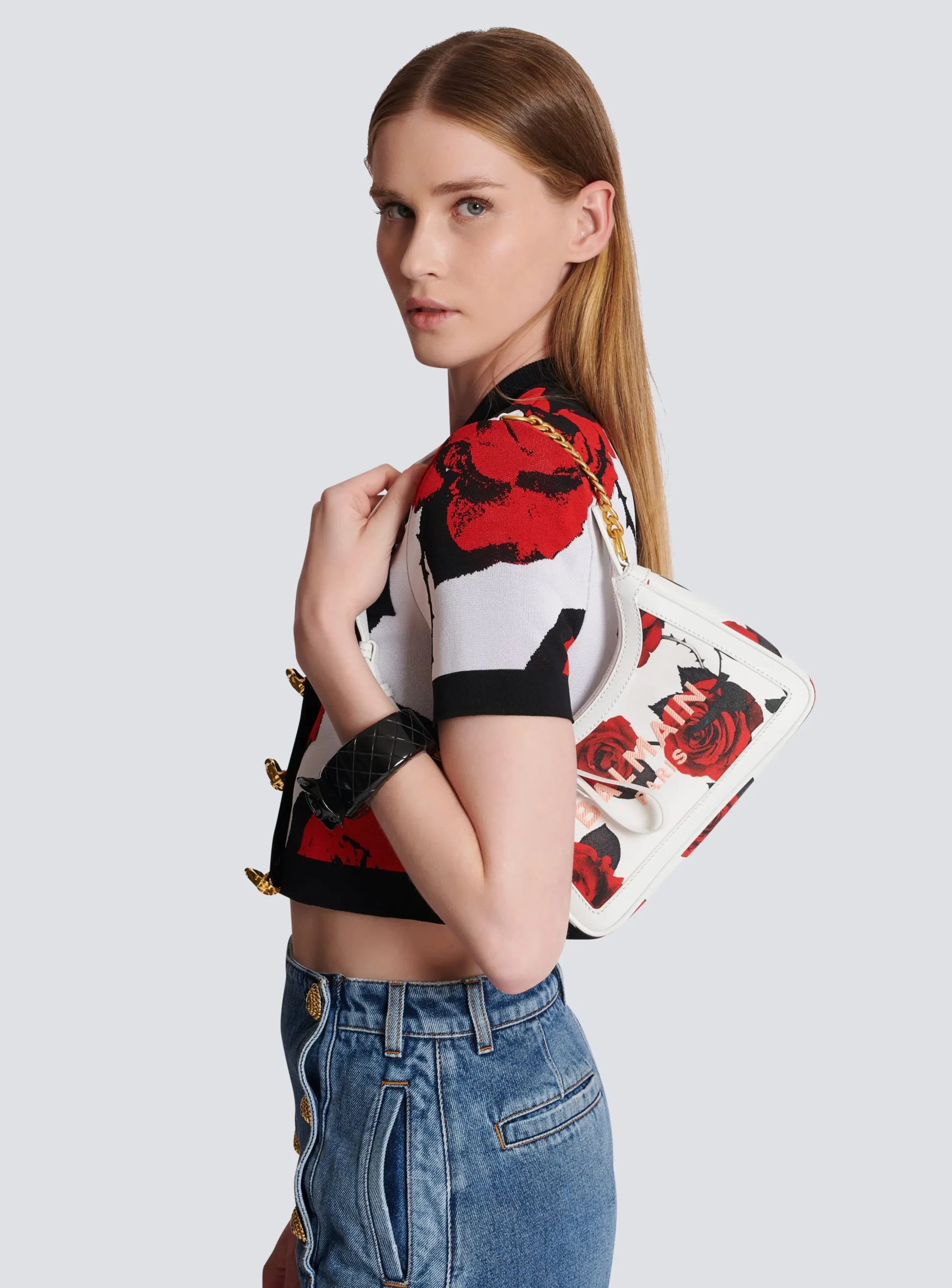 Canvas B-Army Shoulder Bag With A Roses Print-Balmain Store