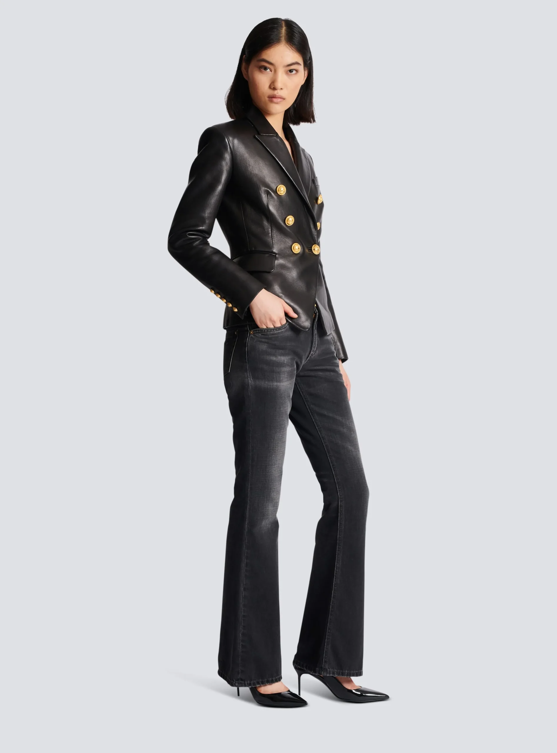 Classic 6-button Leather Jacket-Balmain Cheap
