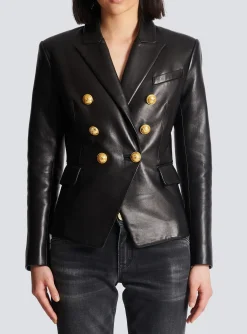Classic 6-button Leather Jacket-Balmain Cheap