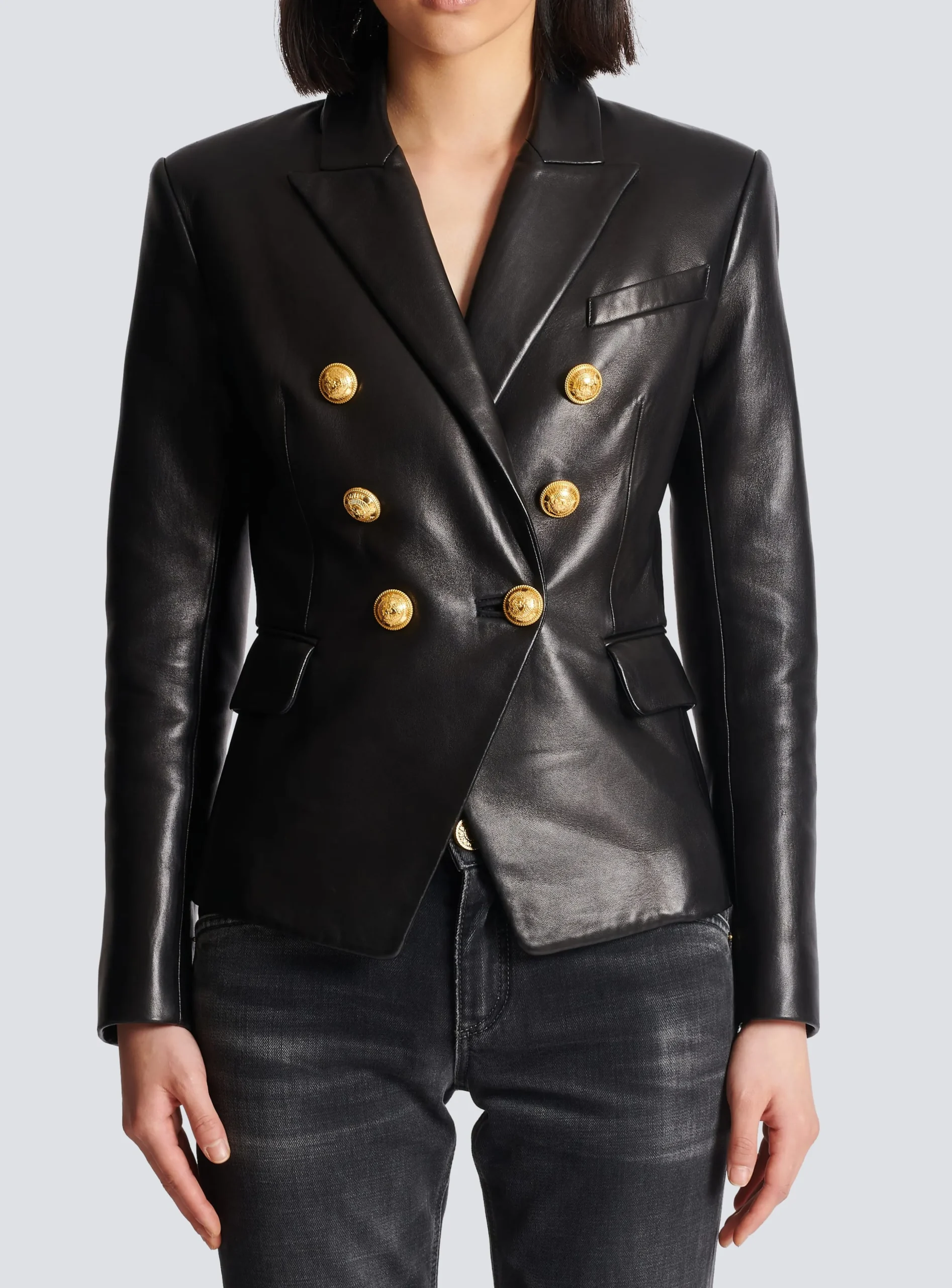 Classic 6-button Leather Jacket-Balmain Cheap
