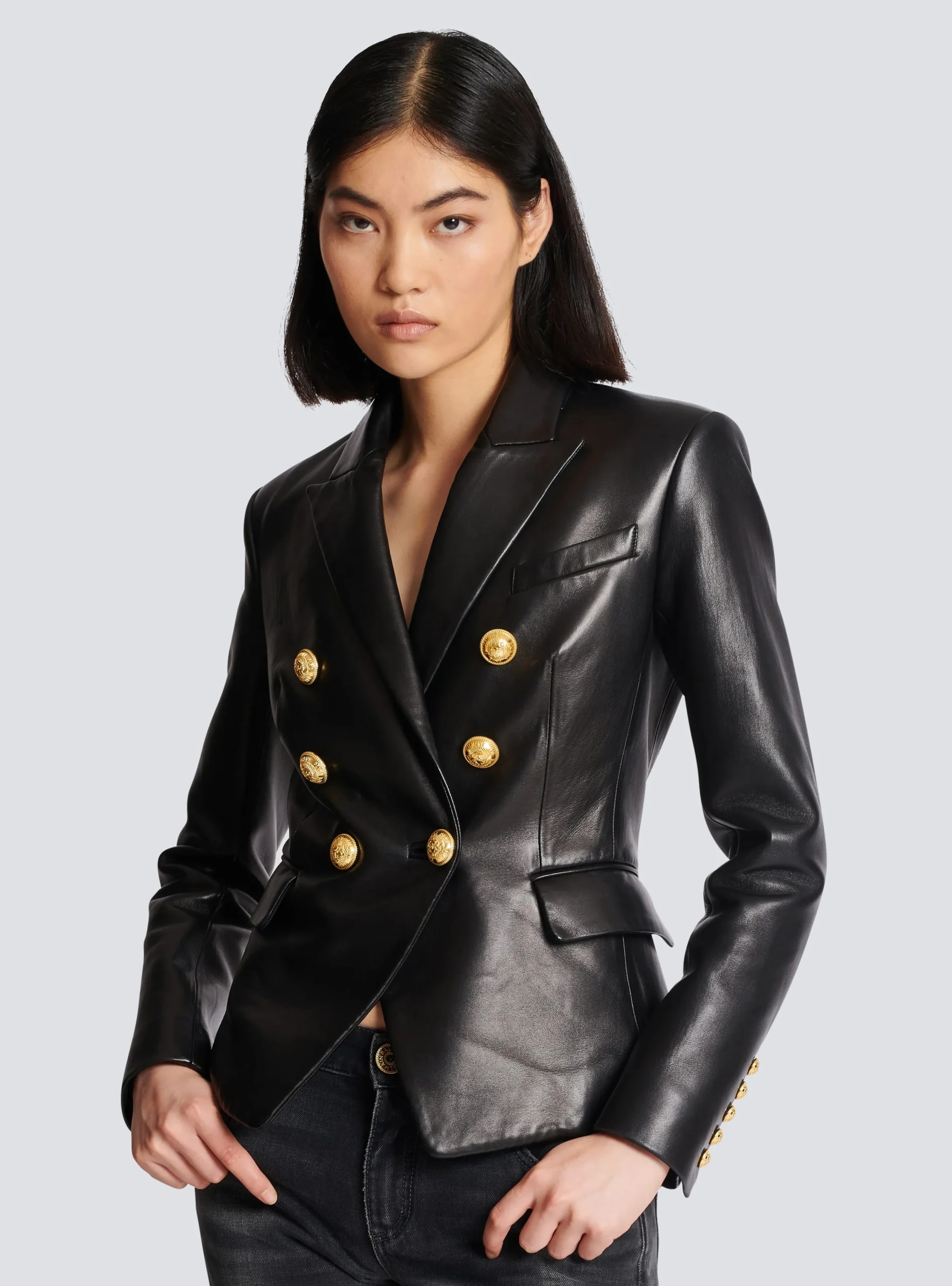 Classic 6-button Leather Jacket-Balmain Cheap