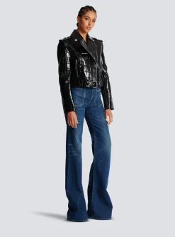 Crocodile-effect Leather Biker Jacket-Balmain Sale