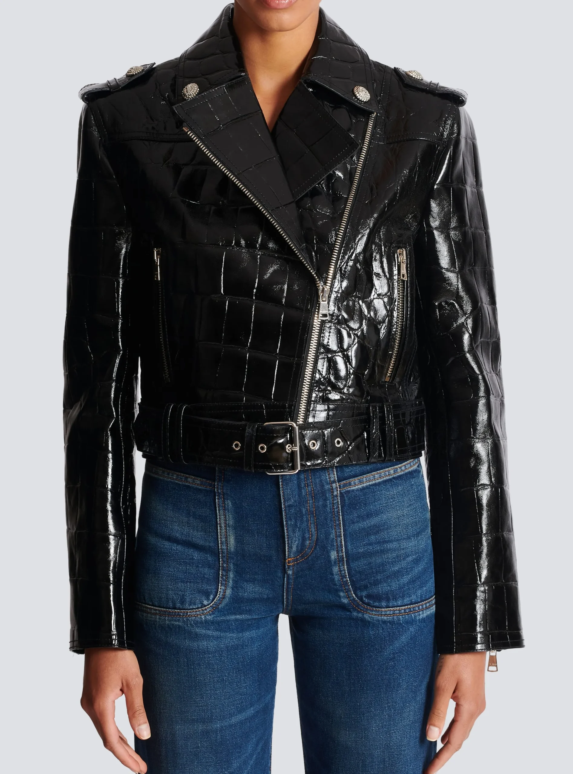 Crocodile-effect Leather Biker Jacket-Balmain Sale
