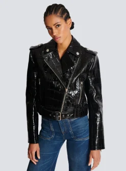 Crocodile-effect Leather Biker Jacket-Balmain Sale