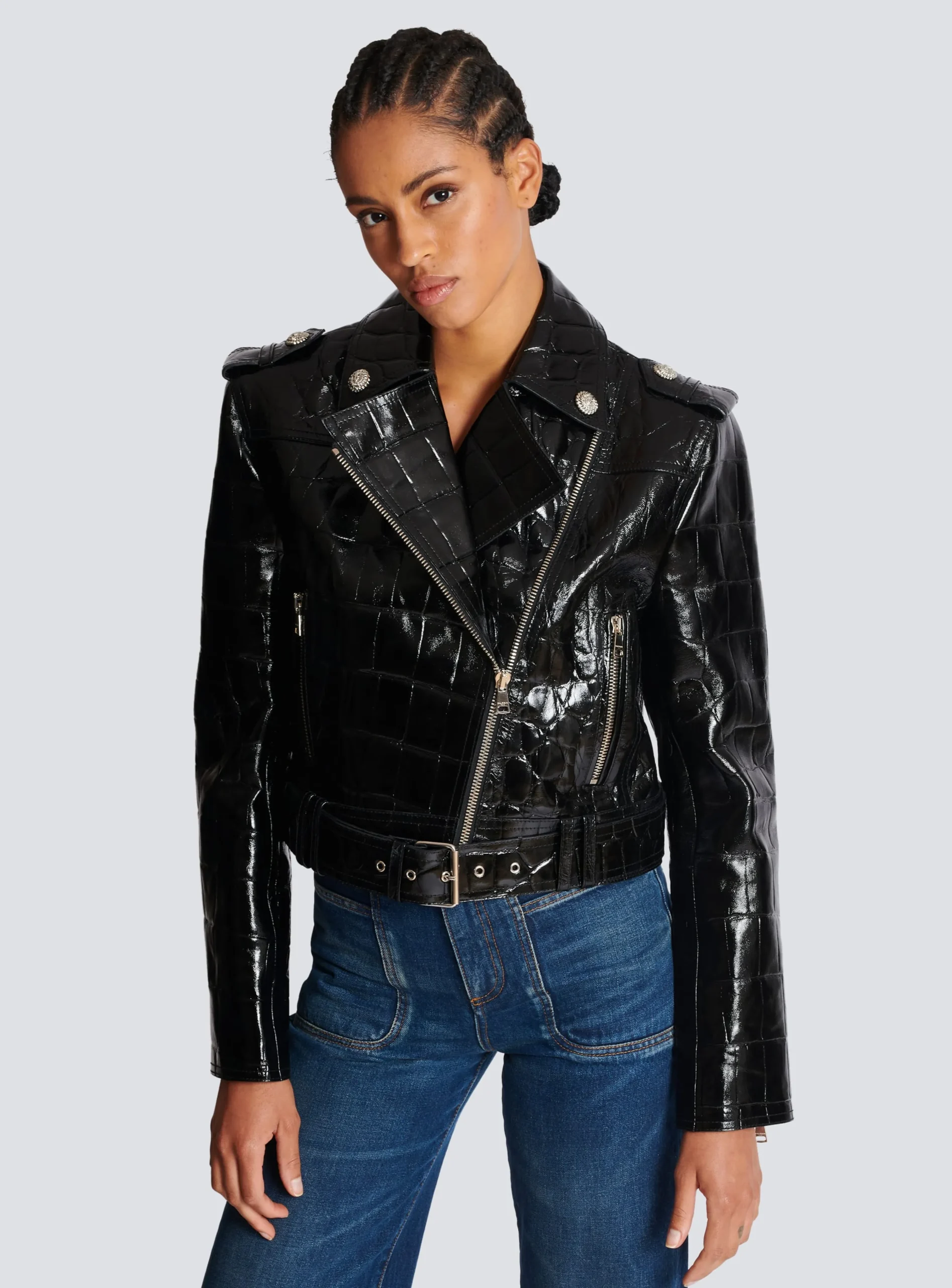 Crocodile-effect Leather Biker Jacket-Balmain Sale