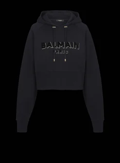 Cropped Cotton Sweatshirt With Flocked Metallic Logo-Balmain Best
