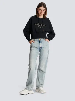 Cropped Cotton Sweatshirt With Flocked Metallic Logo-Balmain Best