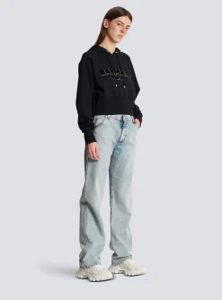 Cropped Cotton Sweatshirt With Flocked Metallic Logo-Balmain Best