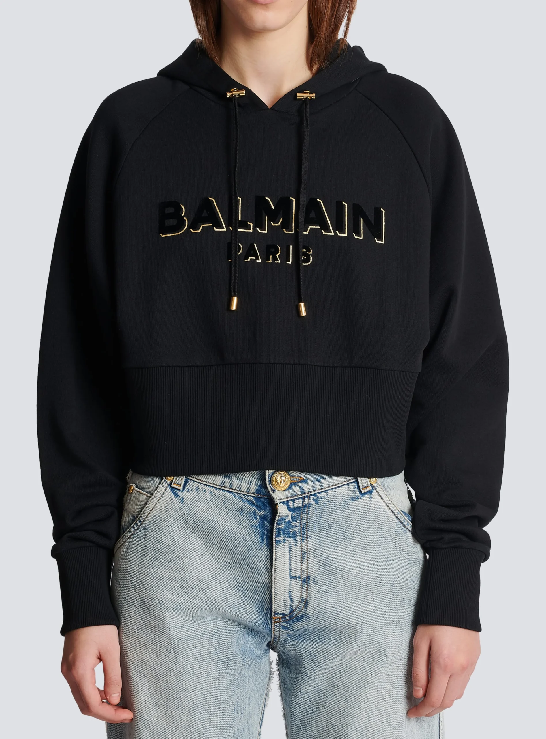 Cropped Cotton Sweatshirt With Flocked Metallic Logo-Balmain Best