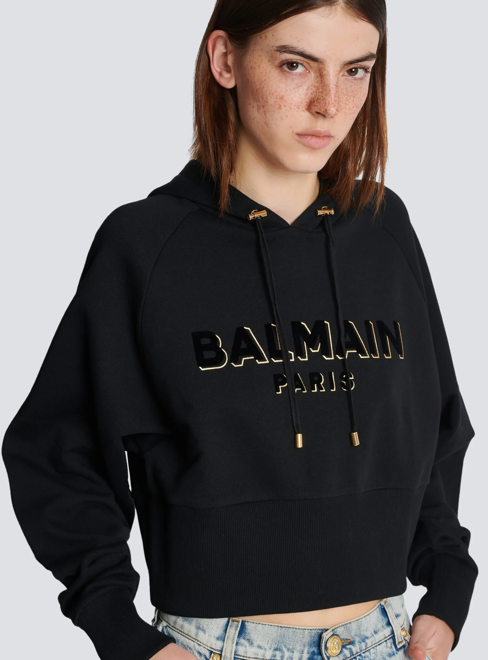 Cropped Cotton Sweatshirt With Flocked Metallic Logo-Balmain Best