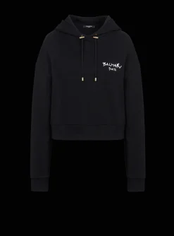 Cropped Eco-design Cotton Sweatshirt With Flocked Graffiti Logo-Balmain Store
