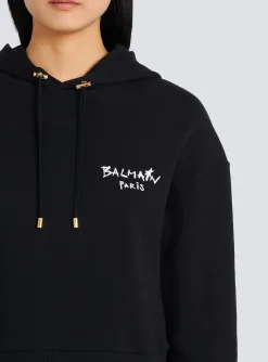 Cropped Eco-design Cotton Sweatshirt With Flocked Graffiti Logo-Balmain Store