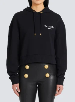 Cropped Eco-design Cotton Sweatshirt With Flocked Graffiti Logo-Balmain Store