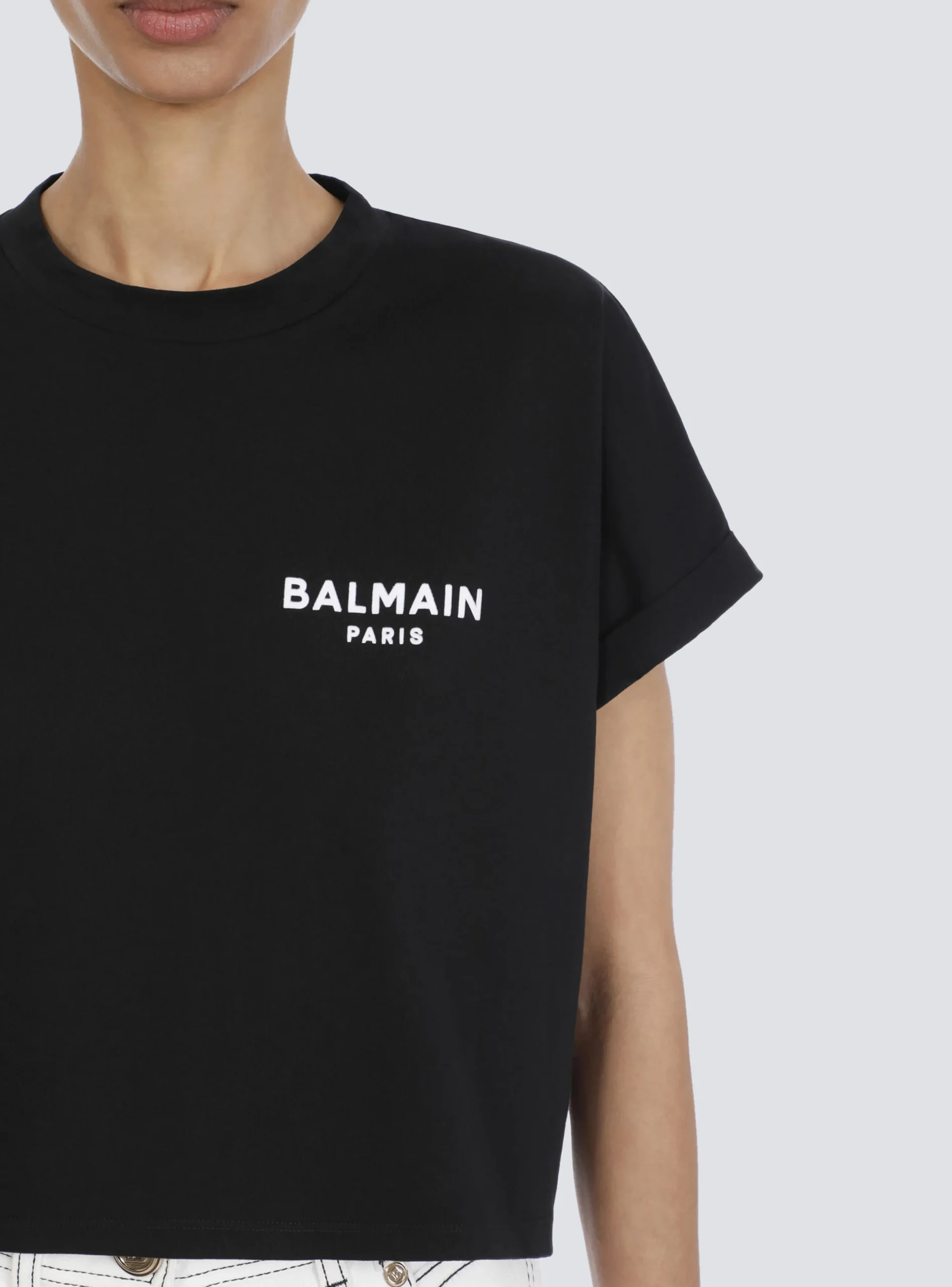 Cropped Eco-designed Cotton T-shirt With Small Flocked Logo-Balmain Cheap