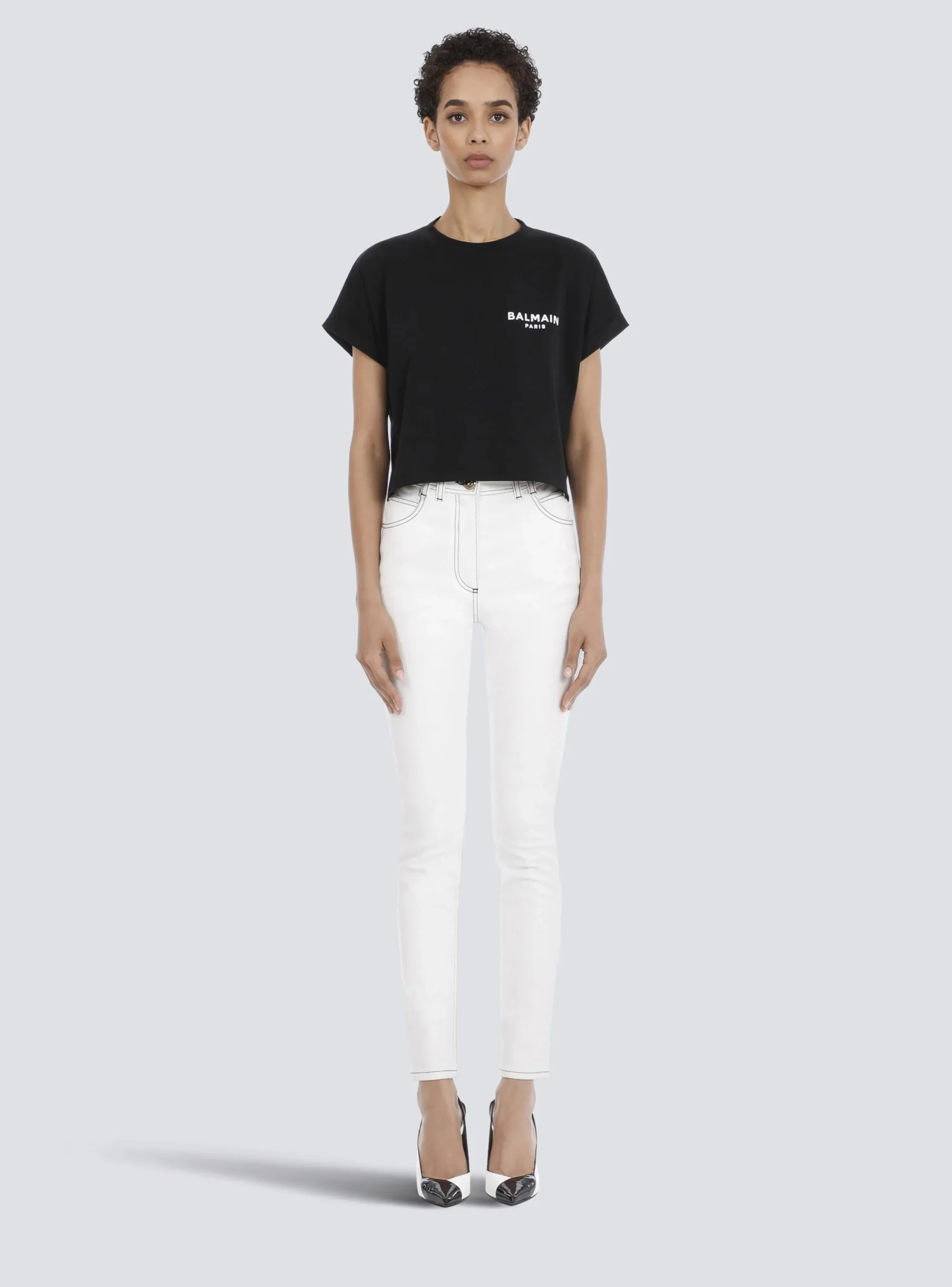 Cropped Eco-designed Cotton T-shirt With Small Flocked Logo-Balmain Cheap