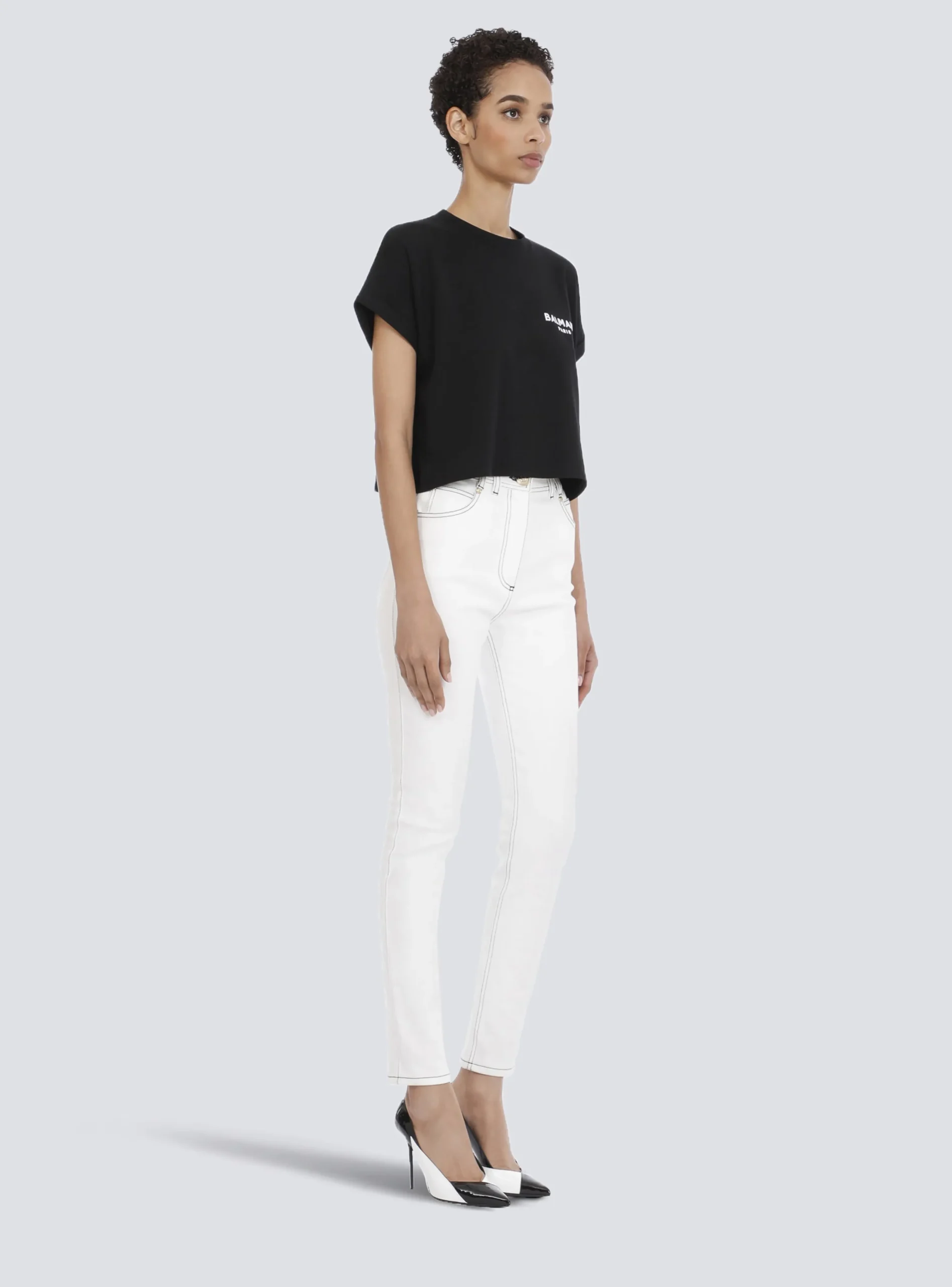 Cropped Eco-designed Cotton T-shirt With Small Flocked Logo-Balmain Cheap