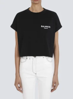 Cropped Eco-designed Cotton T-shirt With Small Flocked Logo-Balmain Cheap