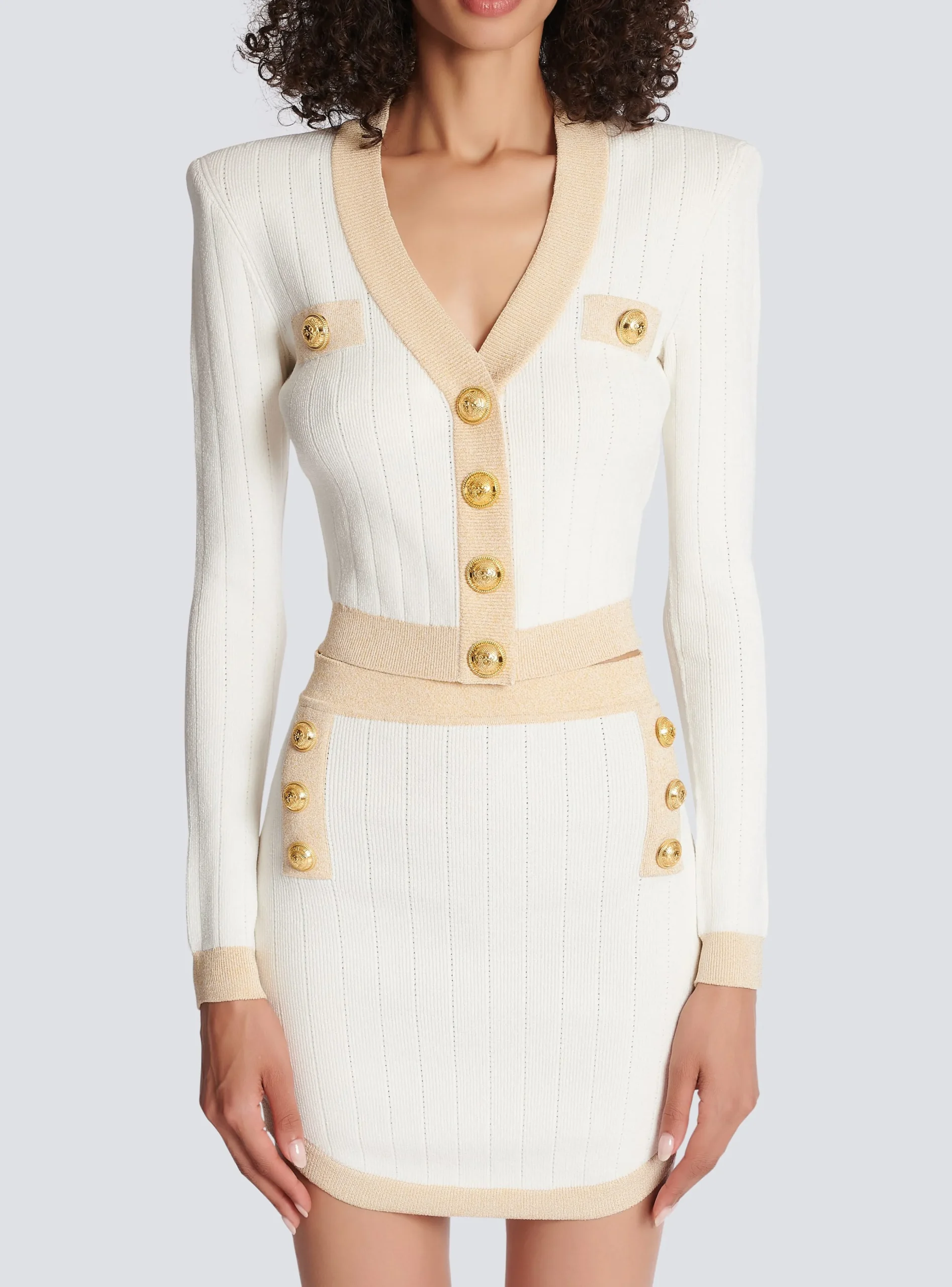 Cropped Knit Cardigan With Gold Trim-Balmain Clearance