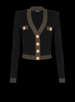 Cropped Knit Cardigan With Gold Trim-Balmain Cheap