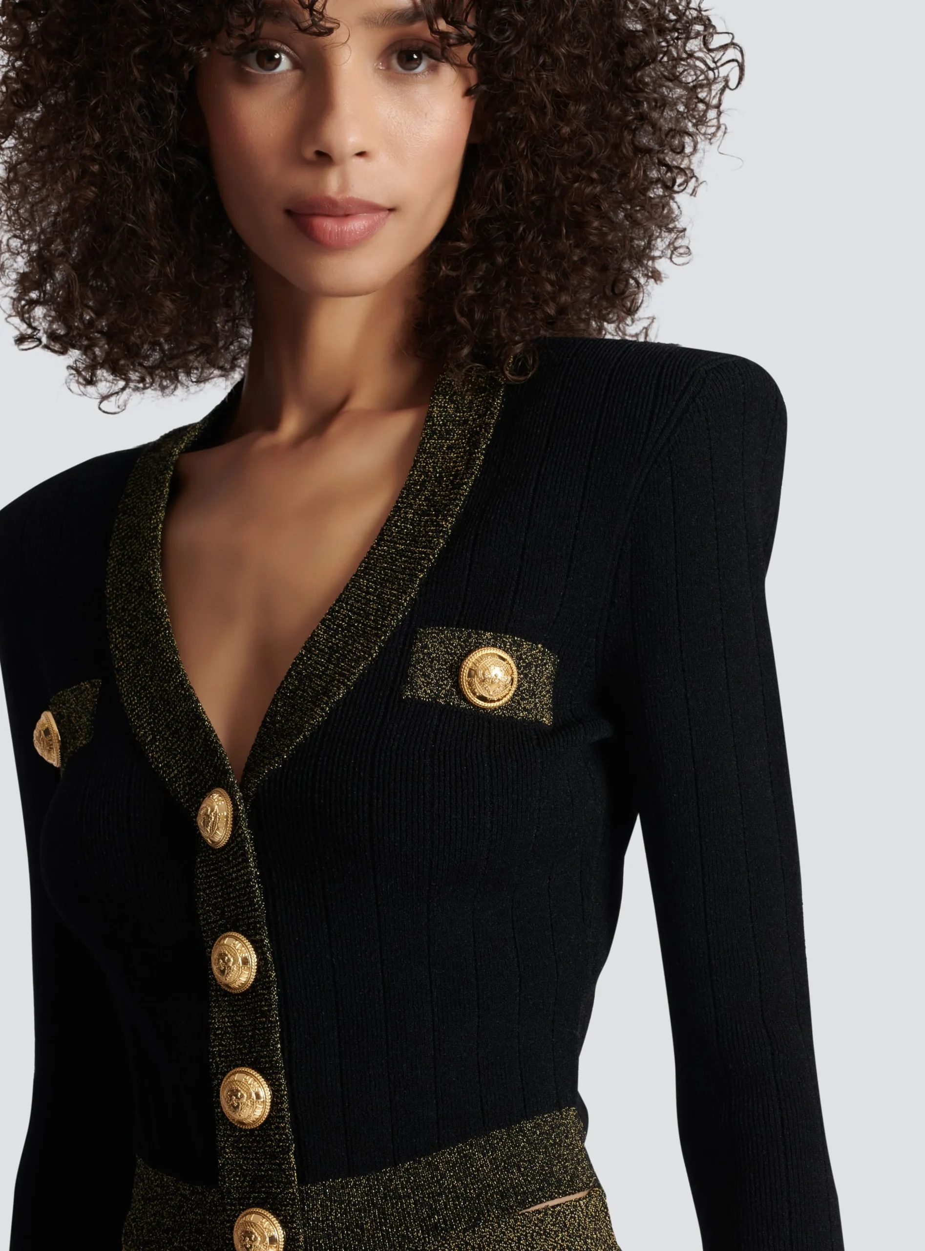 Cropped Knit Cardigan With Gold Trim-Balmain Cheap