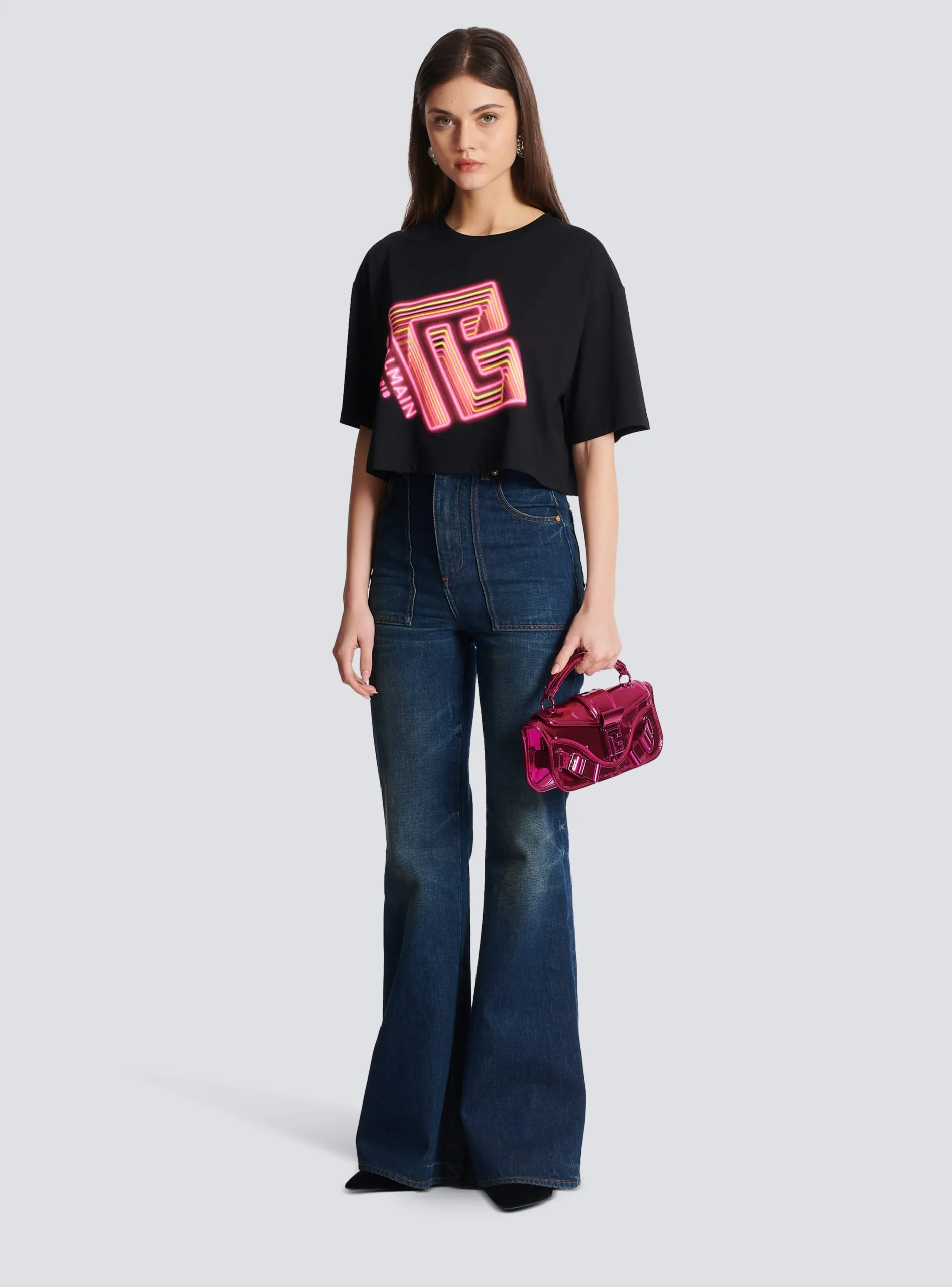 Cropped Neon-print T-shirt-Balmain Flash Sale