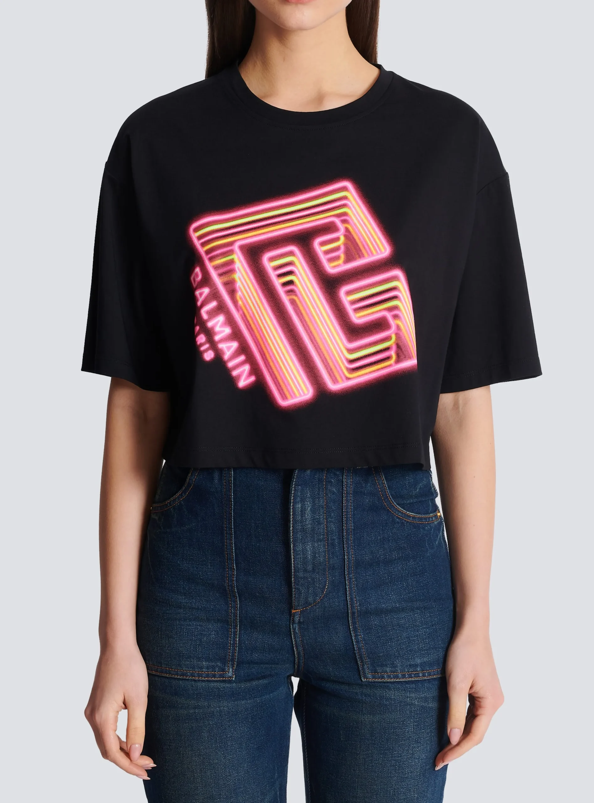 Cropped Neon-print T-shirt-Balmain Flash Sale