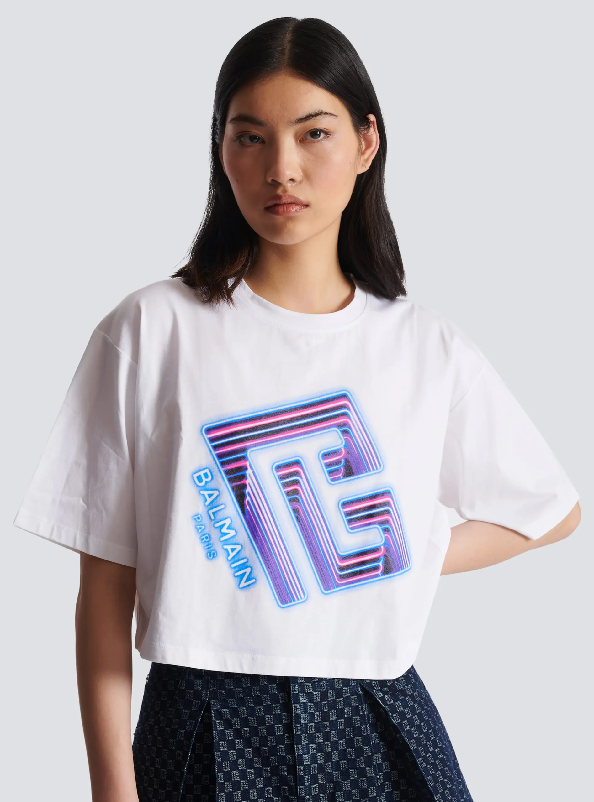 Cropped Neon-print T-shirt-Balmain Shop