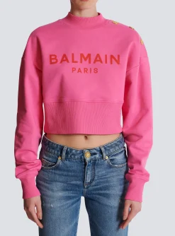 Cropped Sweatshirt With Paris Print-Balmain Clearance