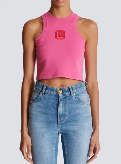 Cropped Tank Top With Retro PB Embroidery-Balmain Fashion