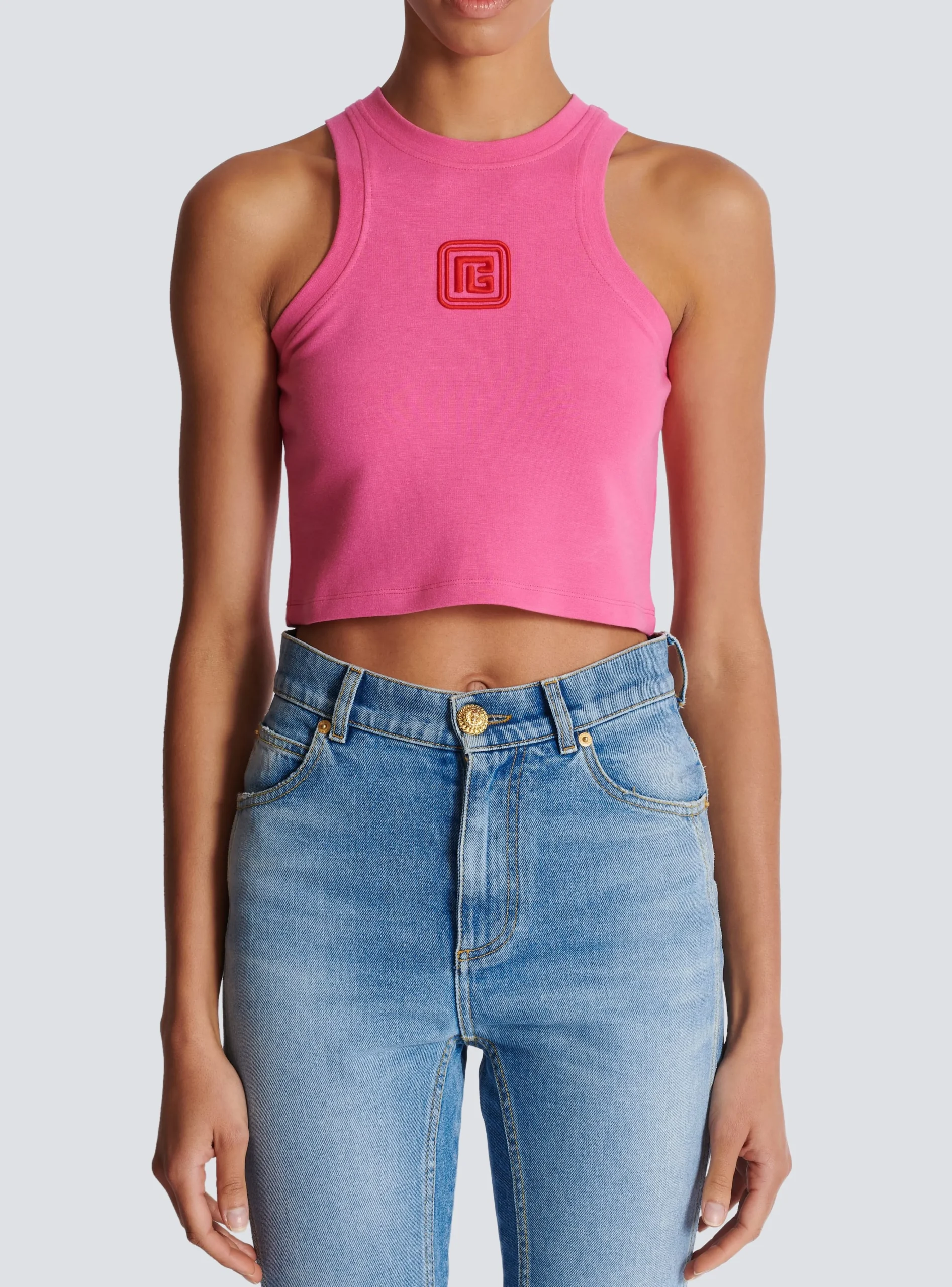 Cropped Tank Top With Retro PB Embroidery-Balmain Fashion