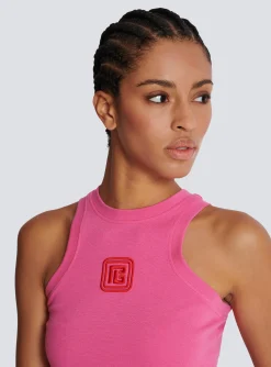 Cropped Tank Top With Retro PB Embroidery-Balmain Fashion